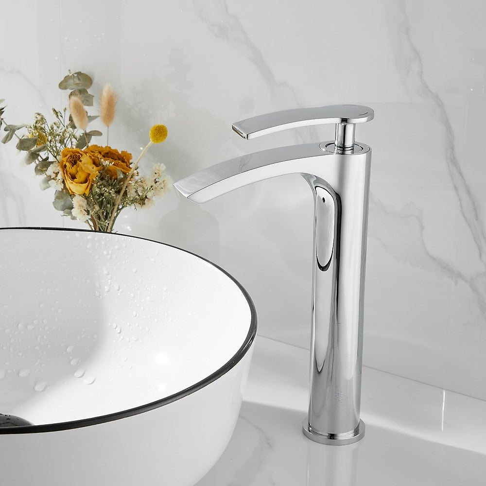Waterfall Modern Bathroom Vessel Sink Faucet, Single-Handle Single-Hole Brass Basin Faucet