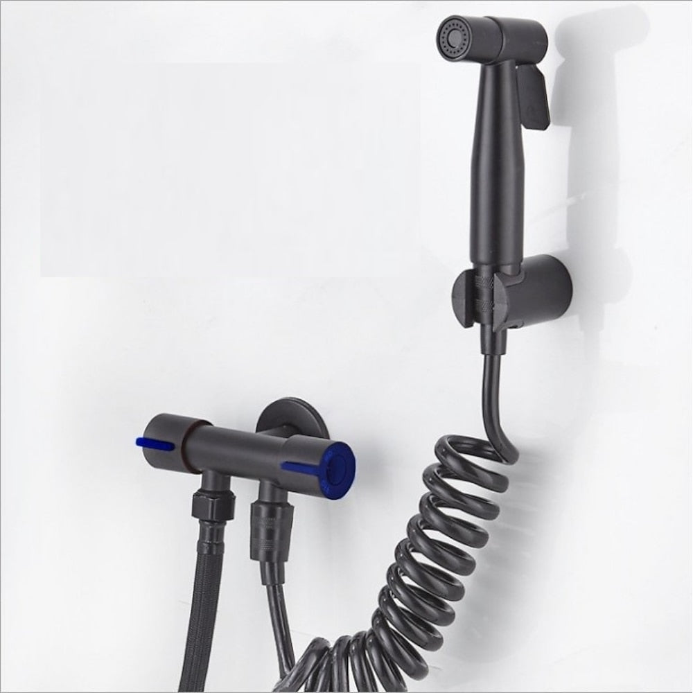 Wall-Mount Stainless Steel Handheld Toilet Bidet Sprayer Kit with Hose, Dual-Control T-Valve Sprayer, Matte Black / Stainless Steel