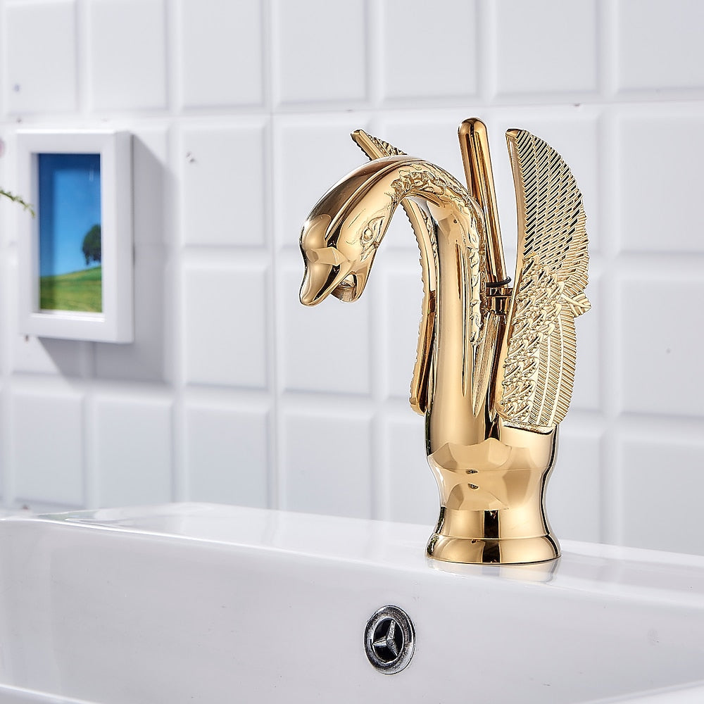 Swan Design Single-Hole Bathroom Faucet, Single-Handle Deck-Mount Brass Faucet
