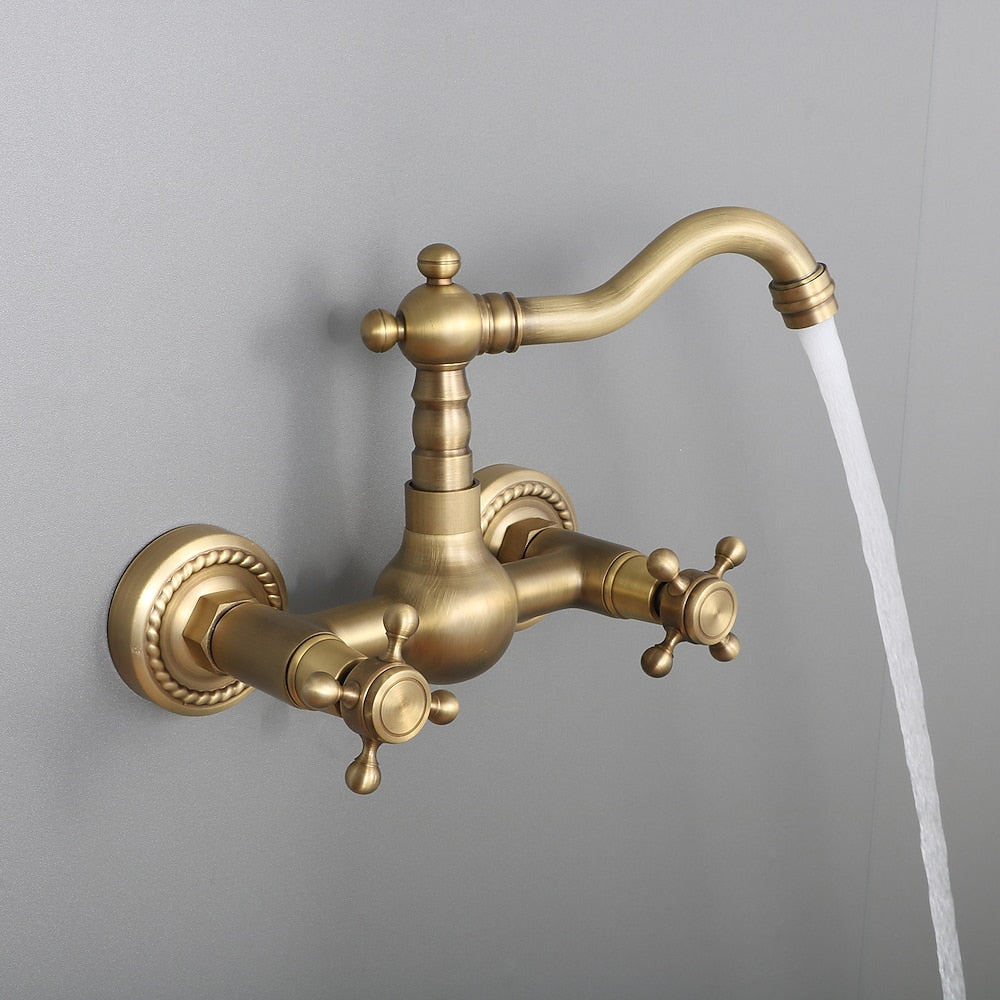 Retro Antique Brass Wall-Mount Bathroom Faucet, Double Cross Handle Swivel Spout Faucet