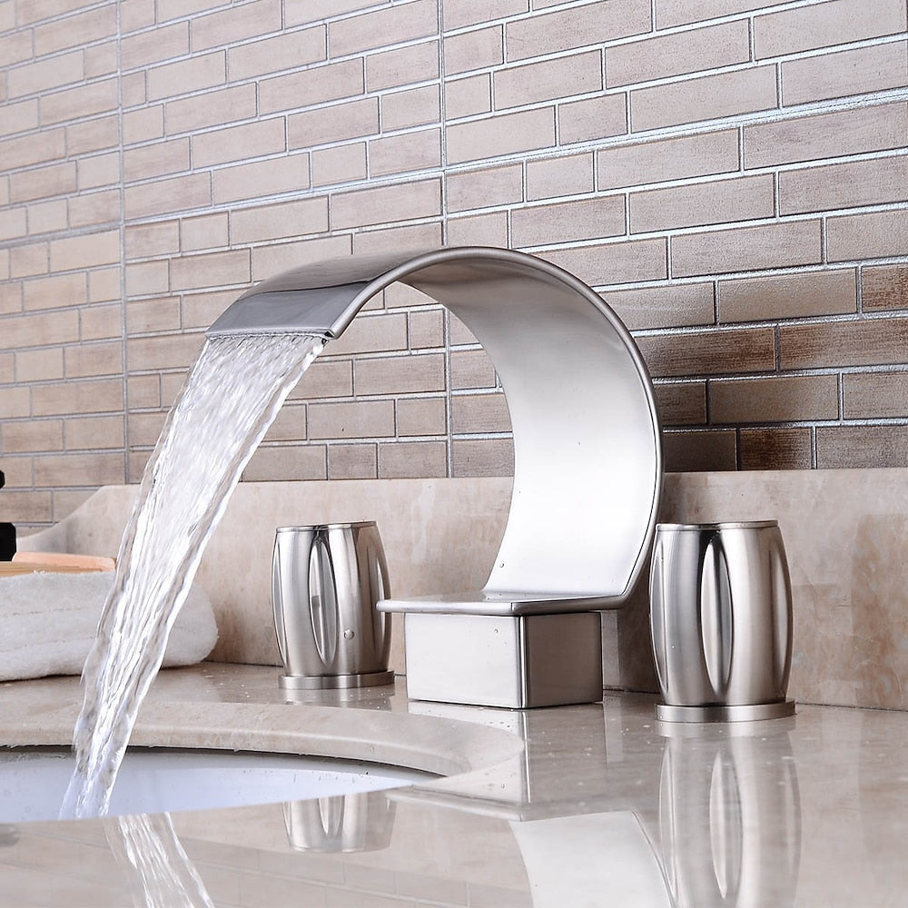 Brushed Nickel Widespread Bathroom Faucet, Contemporary 3-Hole Faucet, Double-Handle Waterfall Spout Faucet