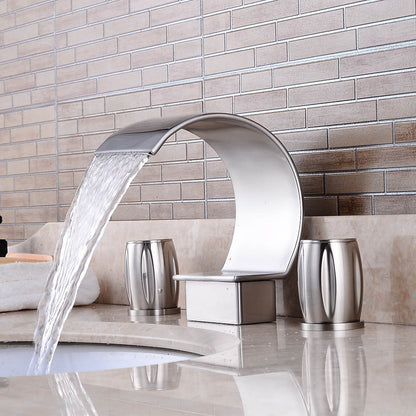 Brushed Nickel Widespread Bathroom Faucet, Contemporary 3-Hole Faucet, Double-Handle Waterfall Spout Faucet