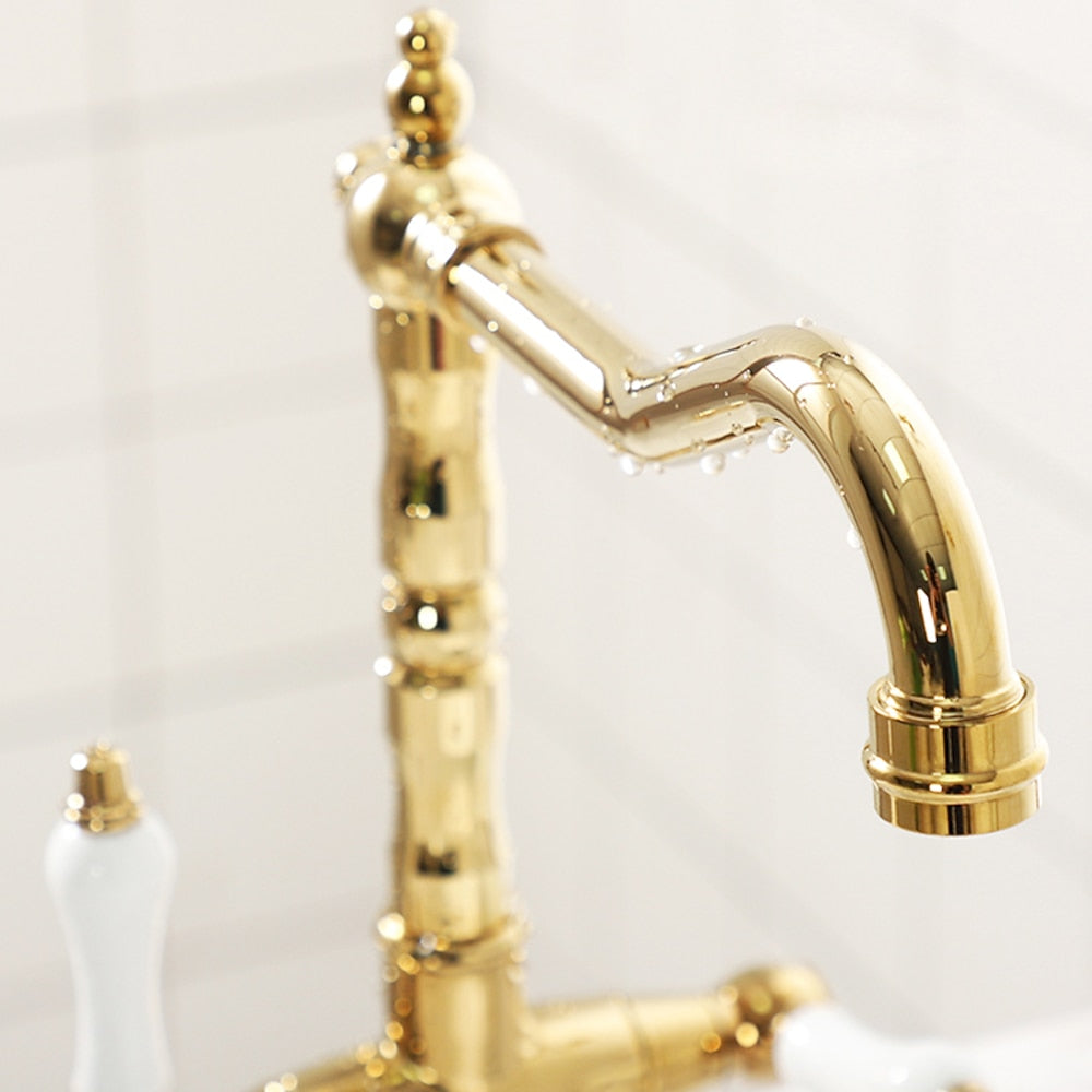 Antique Single-Hole Bathroom Faucet, Dual Ceramic Handle Swivel Spout Faucet, Antique Brass / Brushed Nickel / Chrome / Matte Black / Polished Gold
