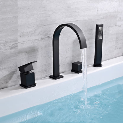 Waterfall Roman Tub Faucet, Deck-Mounted Single-Handle 4-Hole Faucet with Handheld Shower, Chrome / Matte Black