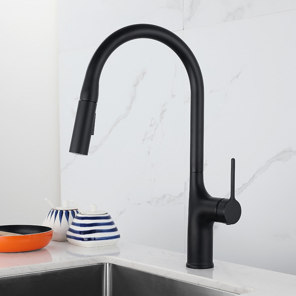 Modern Pull-Down Kitchen Faucet, Single-Handle High Arc Faucet, Matte Black / Chrome / Brushed Gold