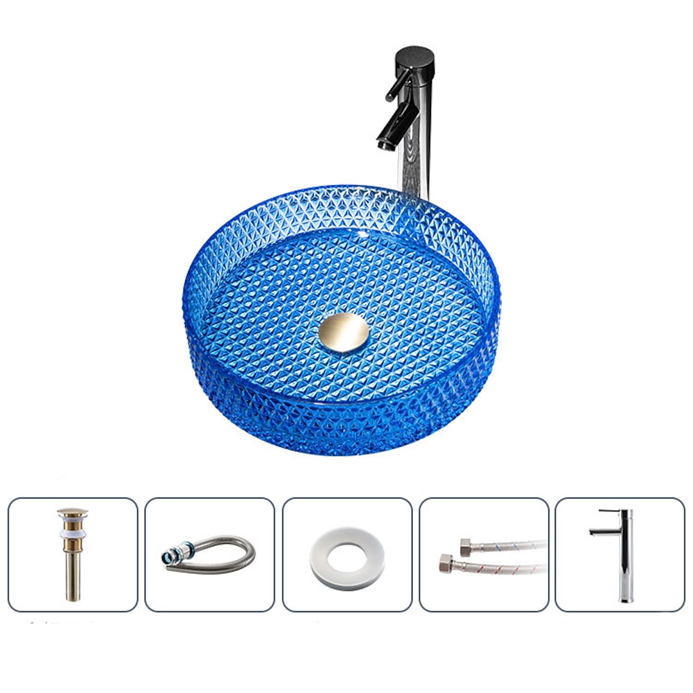 Modern Round Tempered Glass Vessel Bathroom Sink, Vanity Wash Basin Set with Chrome Faucet
