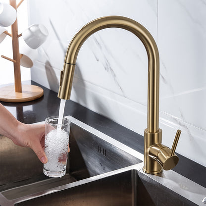 Modern Pull-Down Kitchen Faucet, Single-Handle Swivel Spout Faucet, Matte Black / Brushed Gold / Brushed Nickel / Chrome / Gunmetal