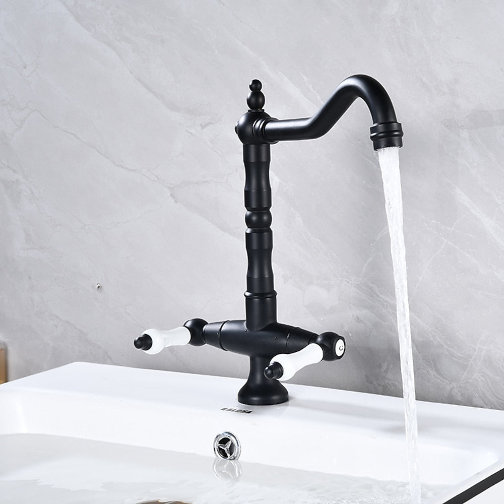 Antique Single-Hole Bathroom Faucet, Dual Ceramic Handle Swivel Spout Faucet, Antique Brass / Brushed Nickel / Chrome / Matte Black / Polished Gold