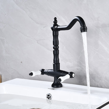 Antique Single-Hole Bathroom Faucet, Dual Ceramic Handle Swivel Spout Faucet, Antique Brass / Brushed Nickel / Chrome / Matte Black / Polished Gold