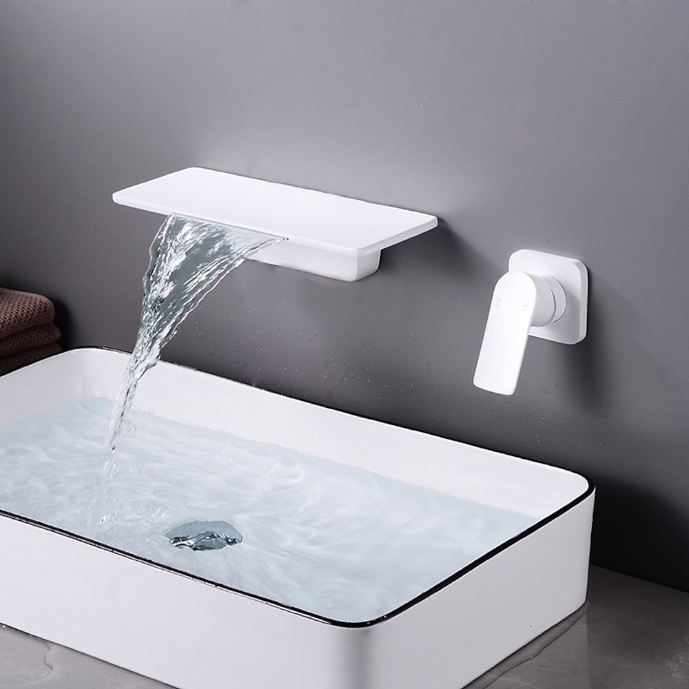Waterfall Wall-Mount Bathroom Faucet, Single-Handle Brass Sink Faucet, Matte Black / Matte White