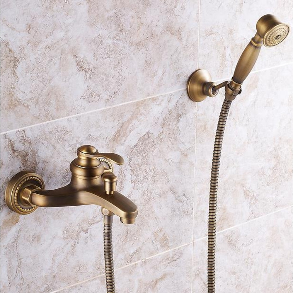 Vintage Wall-Mount Tub Faucet, Single-Handle Brass Bath Tub Faucet with Handheld Shower, Antique Brass / Matte Black / Brushed Brass / Copper