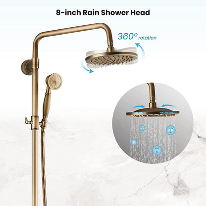 Antique Brass Vintage Exposed Shower Faucet, Wall-Mount Complete Shower System with Handheld Shower / 8-Inch Rain Shower Head
