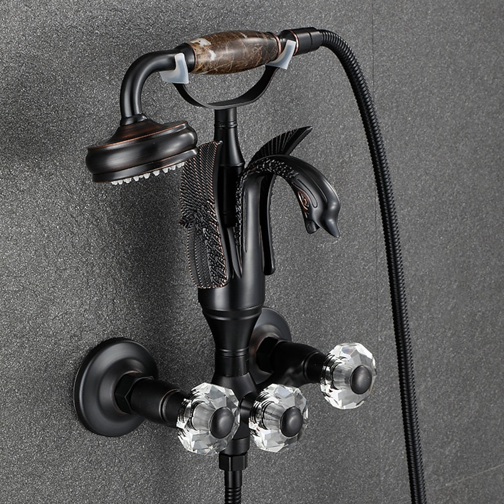 Swan Spout Wall-Mount Bathtub Faucet, Dual-Handle Tub Filler with Handheld Shower, Antique Brass / Matte Black / Chrome / Polished Gold