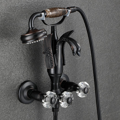 Swan Spout Wall-Mount Bathtub Faucet, Dual-Handle Tub Filler with Handheld Shower, Antique Brass / Matte Black / Chrome / Polished Gold