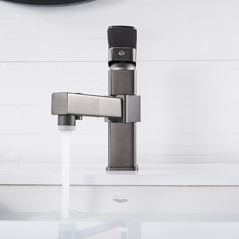 Modern Pull-Out Bathroom Faucet, Single-Hole Swivel Spout Faucet, Matte Black / Chrome / Brushed Nickel / Gunmetal / Matte White