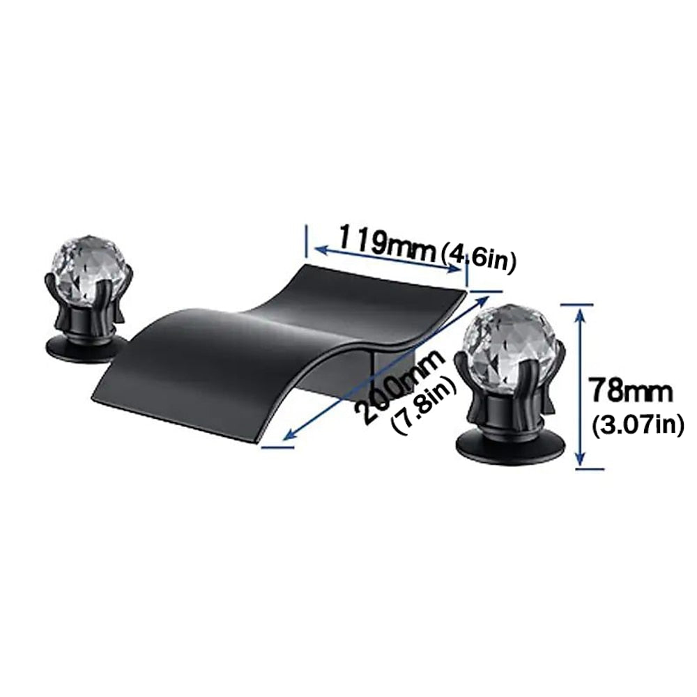 Waterfall Brass Bathroom Faucet, 3-Hole Widespread Faucet with Crystal Knob Handles, Matte Black / Chrome