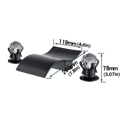 Waterfall Brass Bathroom Faucet, 3-Hole Widespread Faucet with Crystal Knob Handles, Matte Black / Chrome
