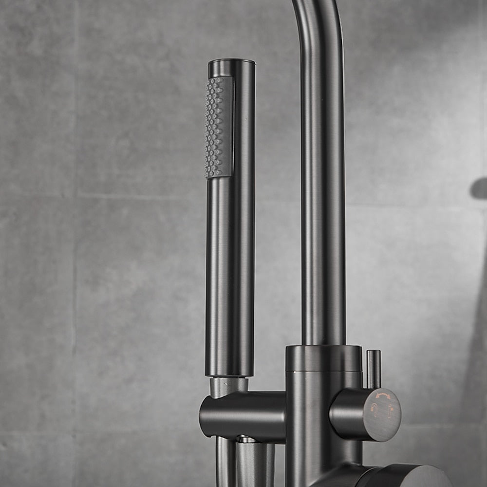 Gunmetal Floor-Mount Freestanding Tub Filler Faucet, Single-Handle Swivel Spout Bathtub Faucet with Handheld Shower