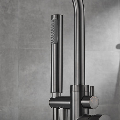 Gunmetal Floor-Mount Freestanding Tub Filler Faucet, Single-Handle Swivel Spout Bathtub Faucet with Handheld Shower