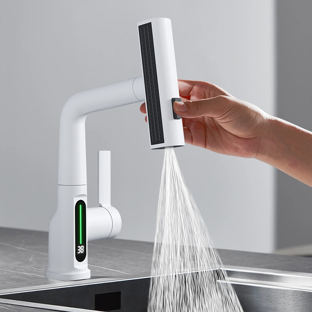 Modern LED Temperature Display Pull-Out Bathroom Faucet, Single-Handle Swivel Faucet, Matte Black / Chrome / Matte White / Gunmetal