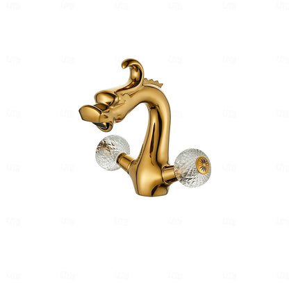 Polished Gold Traditional Dragon Faucet, Single-Hole Dual-Handle Faucet with Crystal Knob Handles