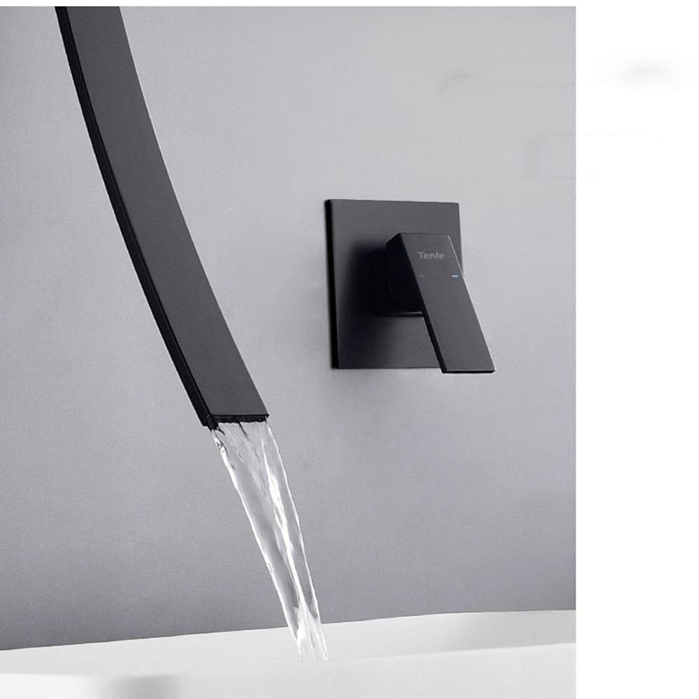 Matte Black Wall-Mount Waterfall Bathroom Faucet, Modern Single-Handle Sink Faucet