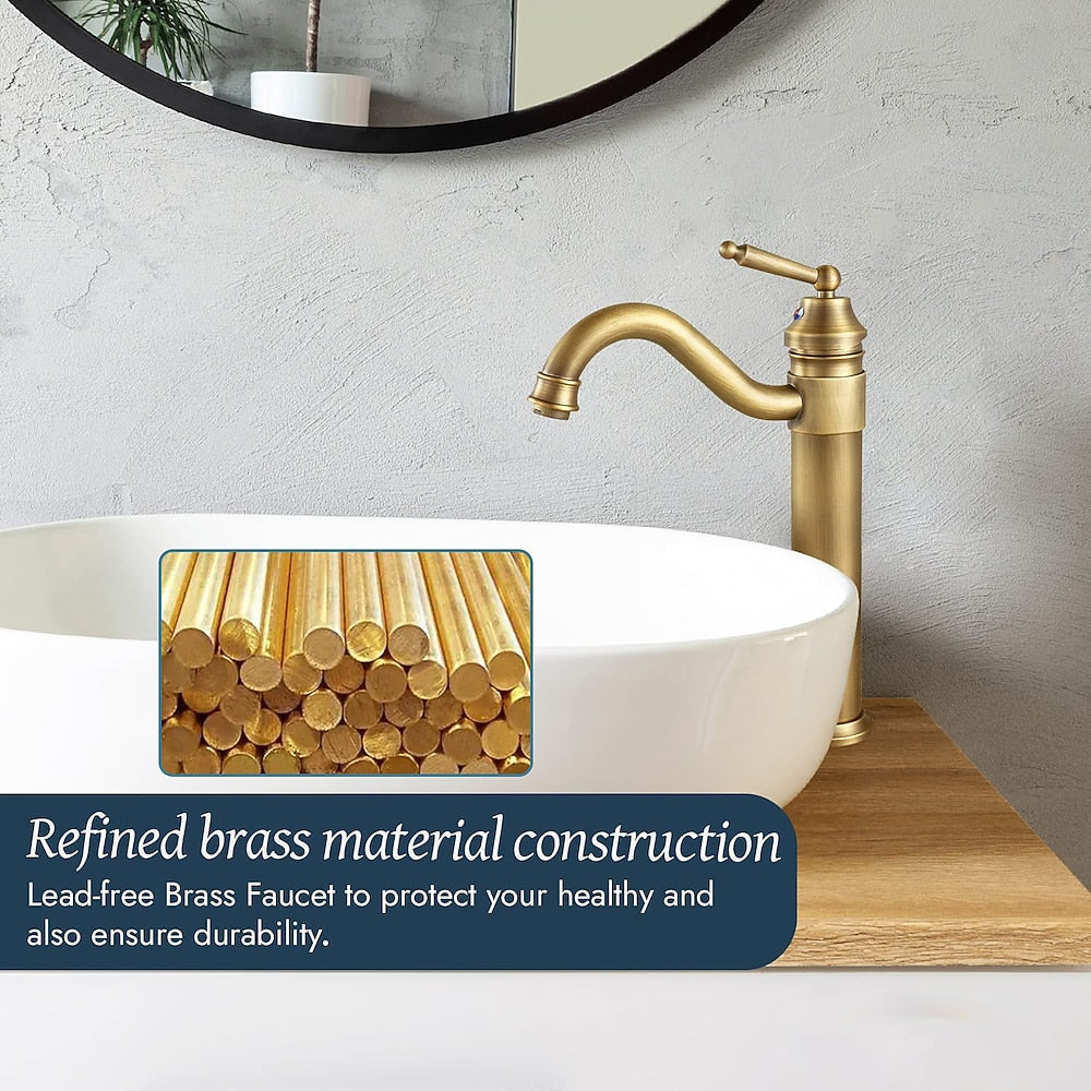 Antique Brass Traditional Single-Hole Vessel Sink Faucet, Single-Handle Brass Faucet, 360-Degree Swivel Spout Faucet