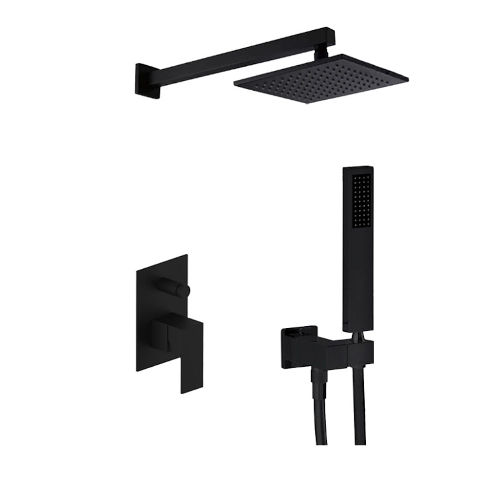 Matte Black Rainfall Shower System, Wall-Mounted Single-Handle Shower Faucet Set with Handheld Shower