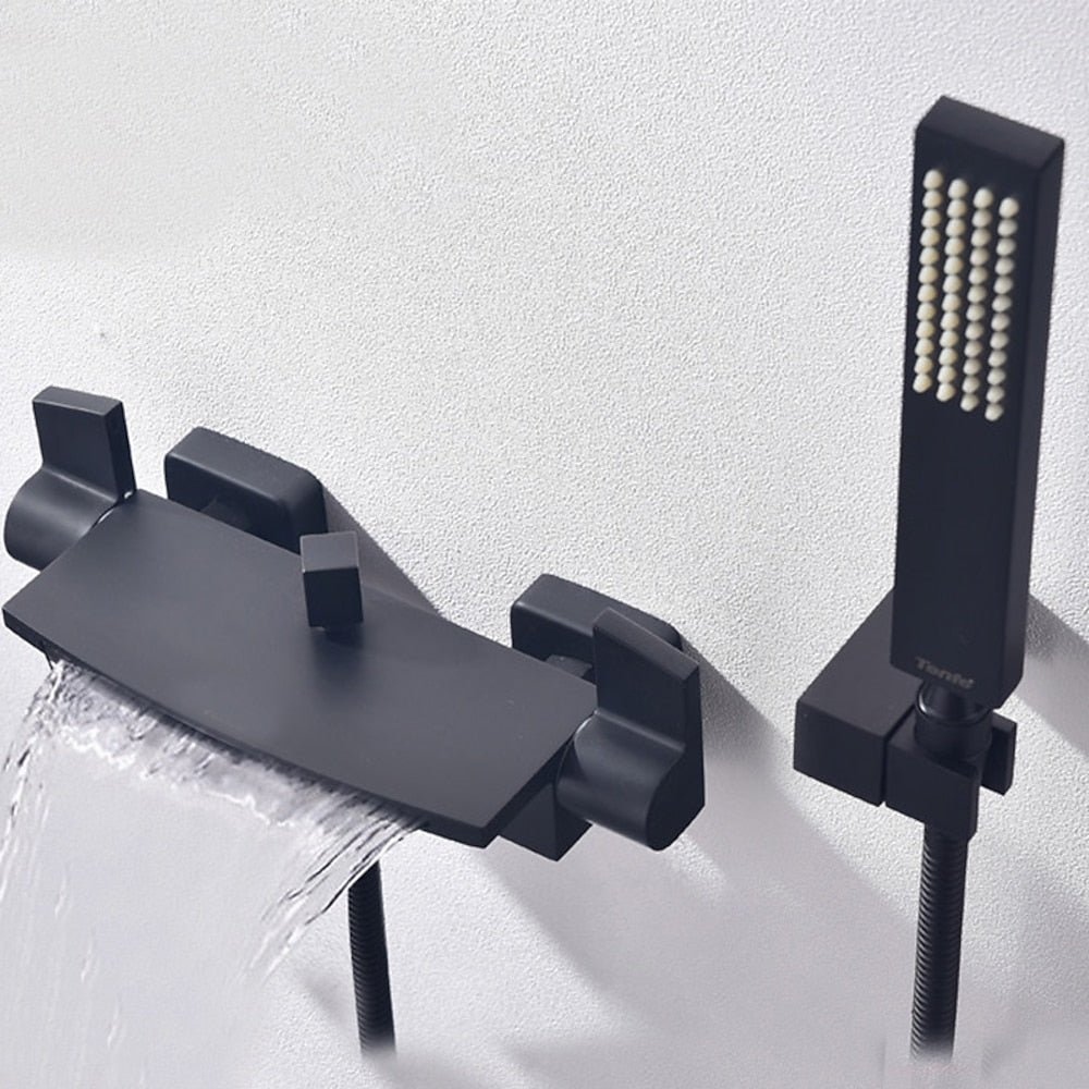 Matte Black Waterfall Wall-Mount Tub Faucet, Double-Handle Brass Bathtub Faucet with Handheld Shower