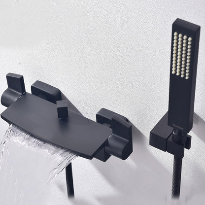Matte Black Waterfall Wall-Mount Tub Faucet, Double-Handle Brass Bathtub Faucet with Handheld Shower