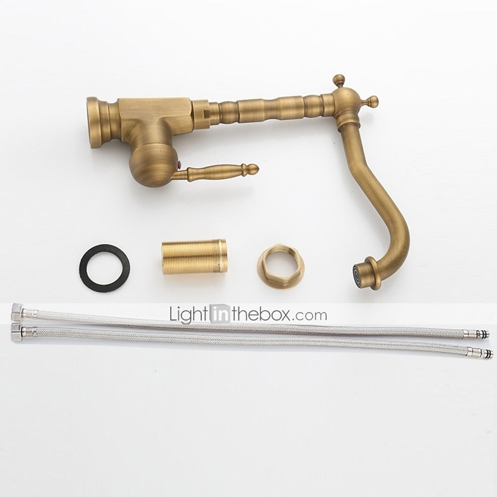 Antique Brass Retro Kitchen Faucet, Single-Handle Swivel Spout Faucet