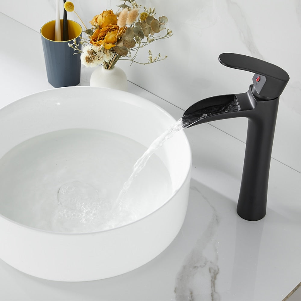 Modern Waterfall Vessel Sink Faucet, Single-Handle Brass Faucet, Matte Black / Chrome