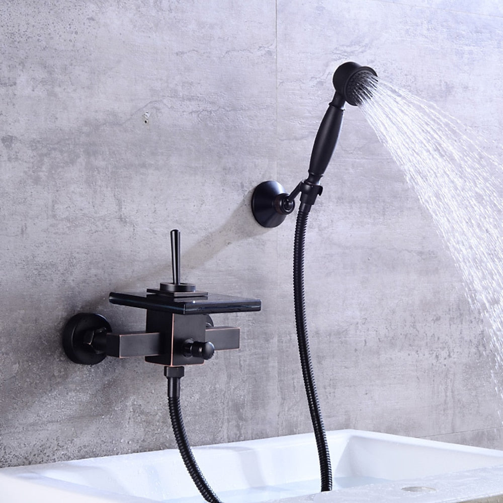 Waterfall Modern Wall-Mount Bathtub Faucet, Single-Handle Tub Filler Faucet with Handheld Shower, Oil-Rubbed Bronze / Chrome