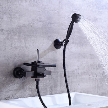 Waterfall Modern Wall-Mount Bathtub Faucet, Single-Handle Tub Filler Faucet with Handheld Shower, Oil-Rubbed Bronze / Chrome