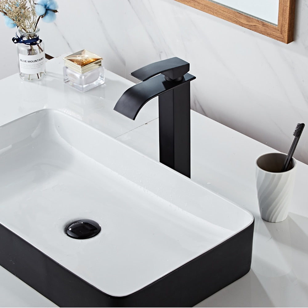 Waterfall Single-Hole Bathroom Faucet, Modern Single-Handle Vessel Sink Faucet, Matte Black / Polished Gold