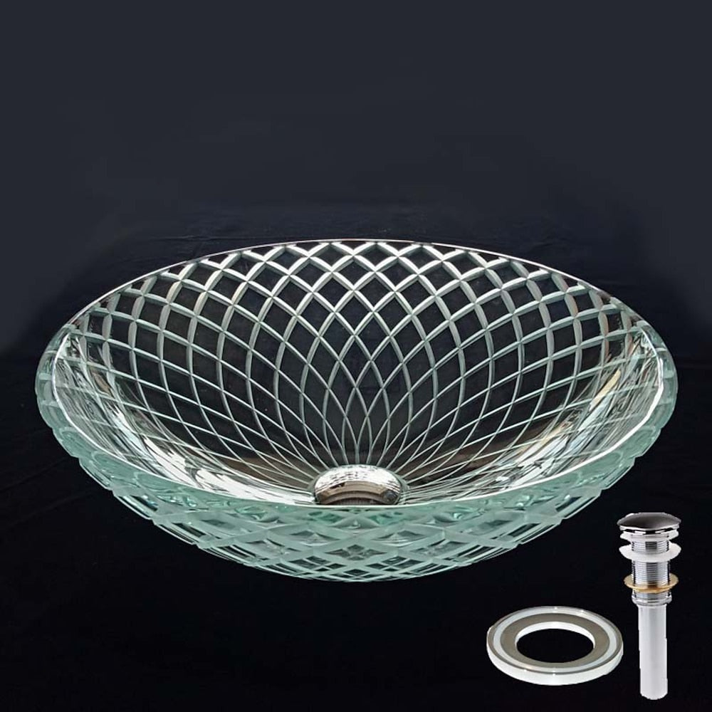 Contemporary Tempered Glass Vessel Bathroom Sink, Round Carved Vanity Basin with Pop-Up Drain / Mounting Ring