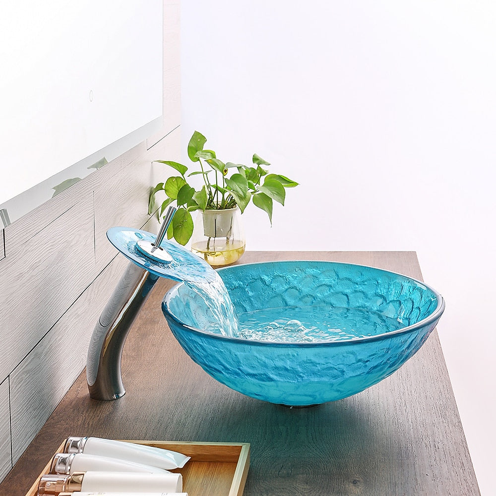 Blue Tempered Glass Vessel Sink with Chrome Waterfall Faucet, Modern Single-Hole Bathroom Vanity Basin Set with Pop-Up Drain