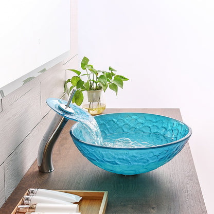 Blue Tempered Glass Vessel Sink with Chrome Waterfall Faucet, Modern Single-Hole Bathroom Vanity Basin Set with Pop-Up Drain