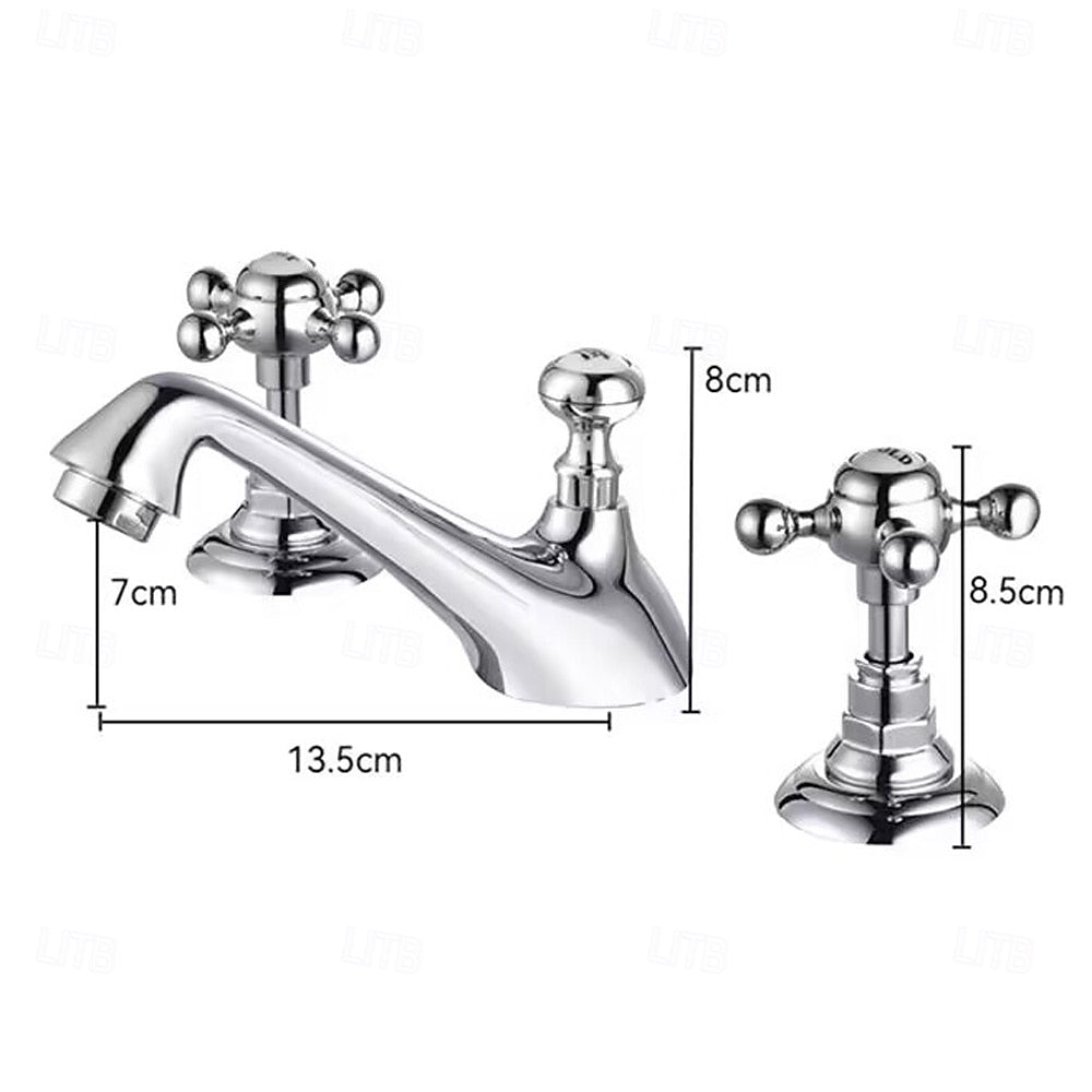 Vintage 3-Hole Widespread Bathroom Faucet, Double Cross Handle Faucet, Chrome / Polished Gold