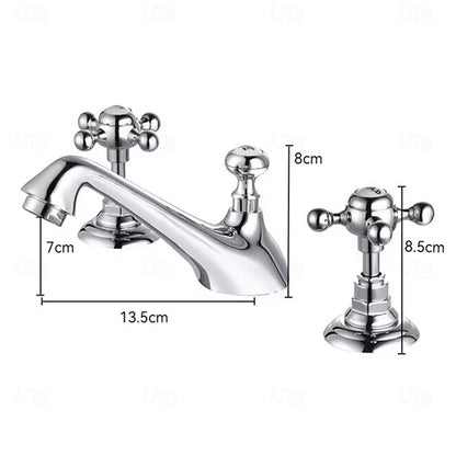 Vintage 3-Hole Widespread Bathroom Faucet, Double Cross Handle Faucet, Chrome / Polished Gold