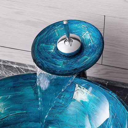 Blue Tempered Glass Round Vessel Sink with Chrome Waterfall Faucet, Single-Handle Bathroom Faucet Combo with Pop-Up Drain