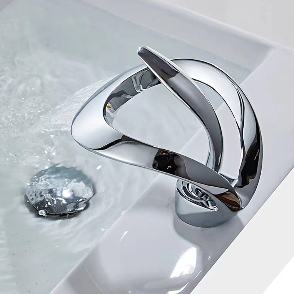Modern Waterfall Bathroom Faucet, Single-Handle Single-Hole Sink Faucet, Matte Black / Chrome / Brushed Gold / Matte White / Gunmetal