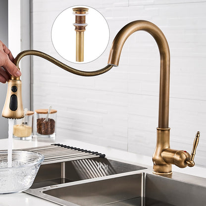 Antique Brass Retro Kitchen Faucet, Deck-Mount Single-Handle Pull-Out Faucet with Soap Dispenser / Pop-Up Drain