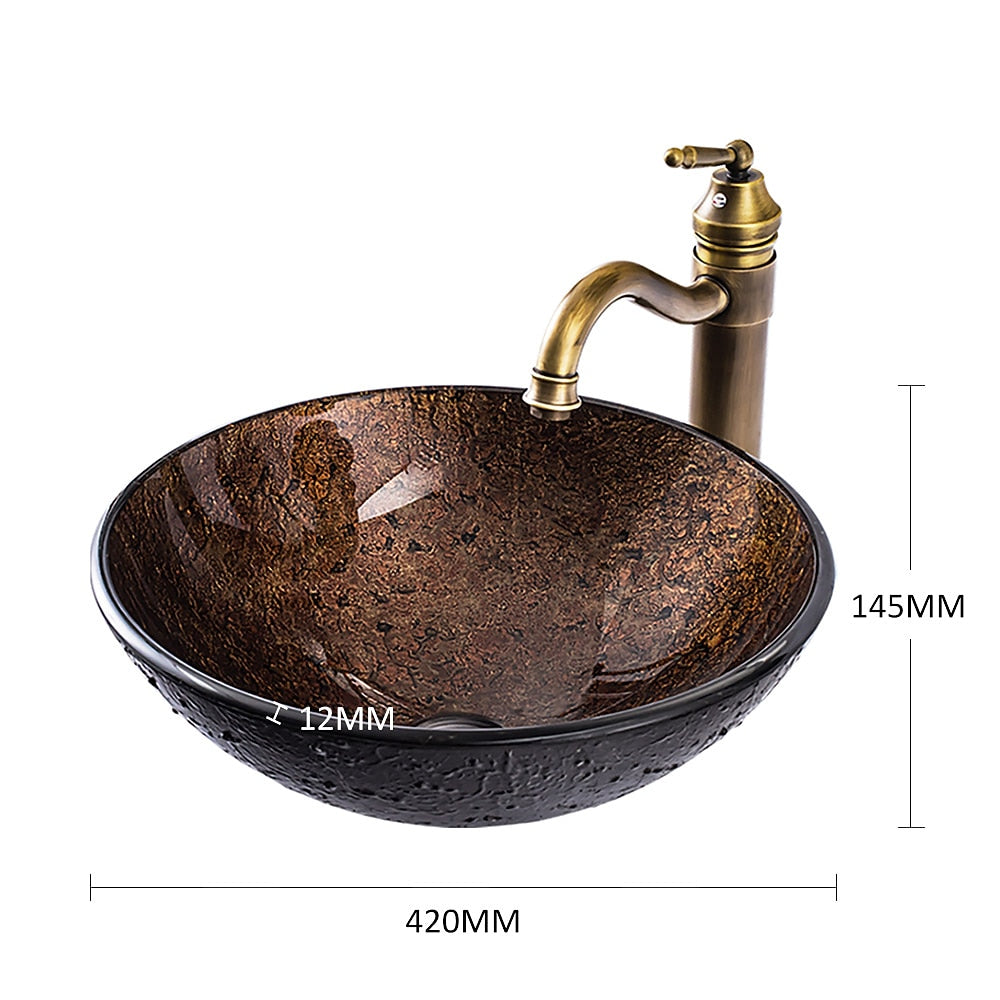 Antique Brass Round Tempered Glass Bathroom Vessel Sink, Faucet Combo, Single-Handle Faucet with Pop-Up Drain