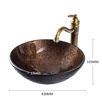 Antique Brass Round Tempered Glass Bathroom Vessel Sink, Faucet Combo, Single-Handle Faucet with Pop-Up Drain