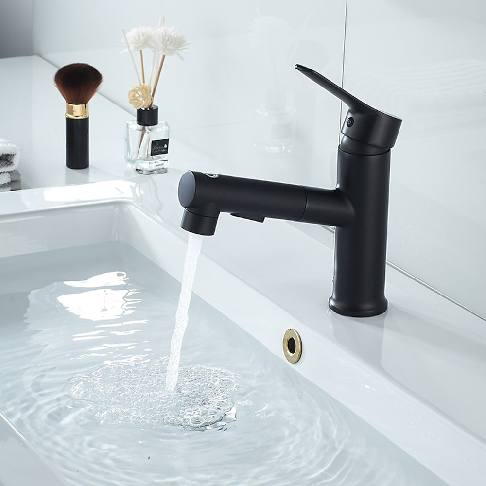 Modern Pull-Out Bathroom Faucet, Single-Handle Fountain Spout Faucet, Matte Black / Chrome