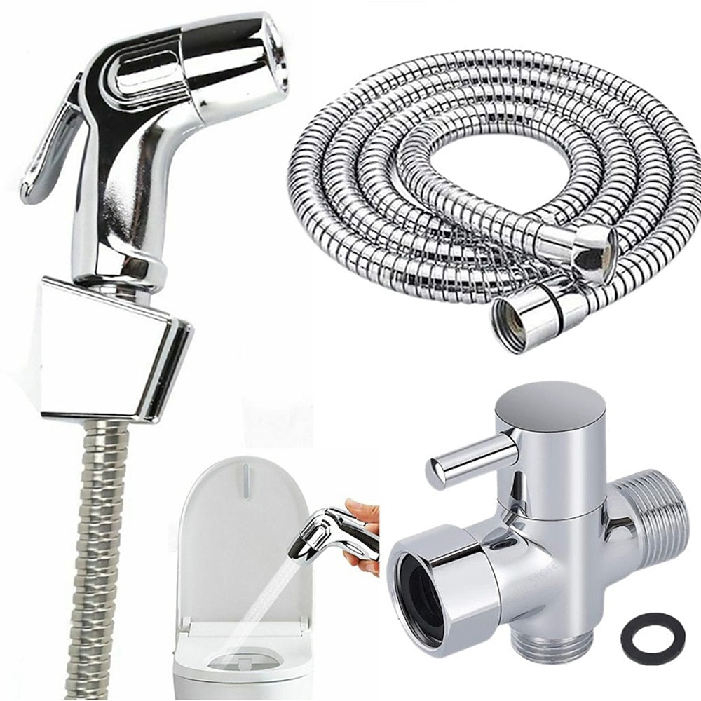 Chrome Handheld Bidet Sprayer Set, Stainless Steel Toilet Bidet Faucet with Hose