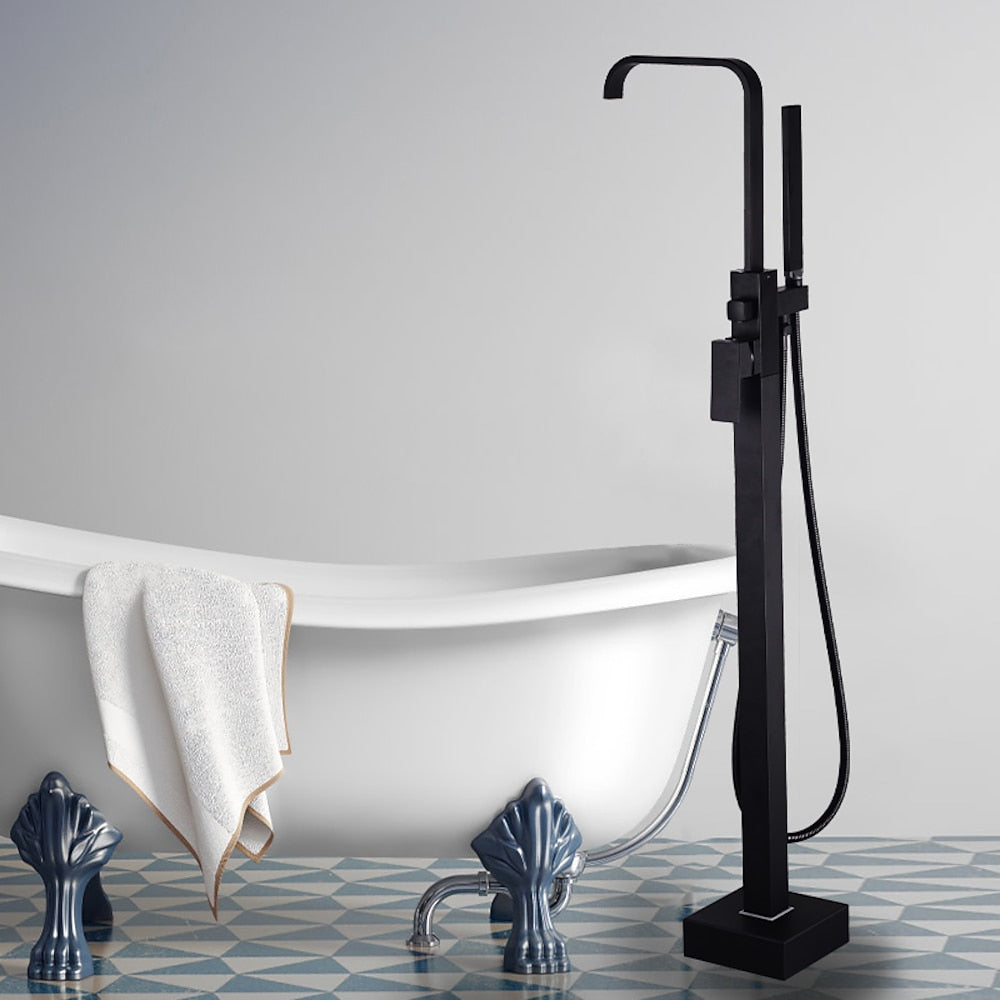 Modern Freestanding Tub Filler Faucet, Single-Handle Brass Bathtub Faucet with Handheld Shower, Chrome / Matte Black