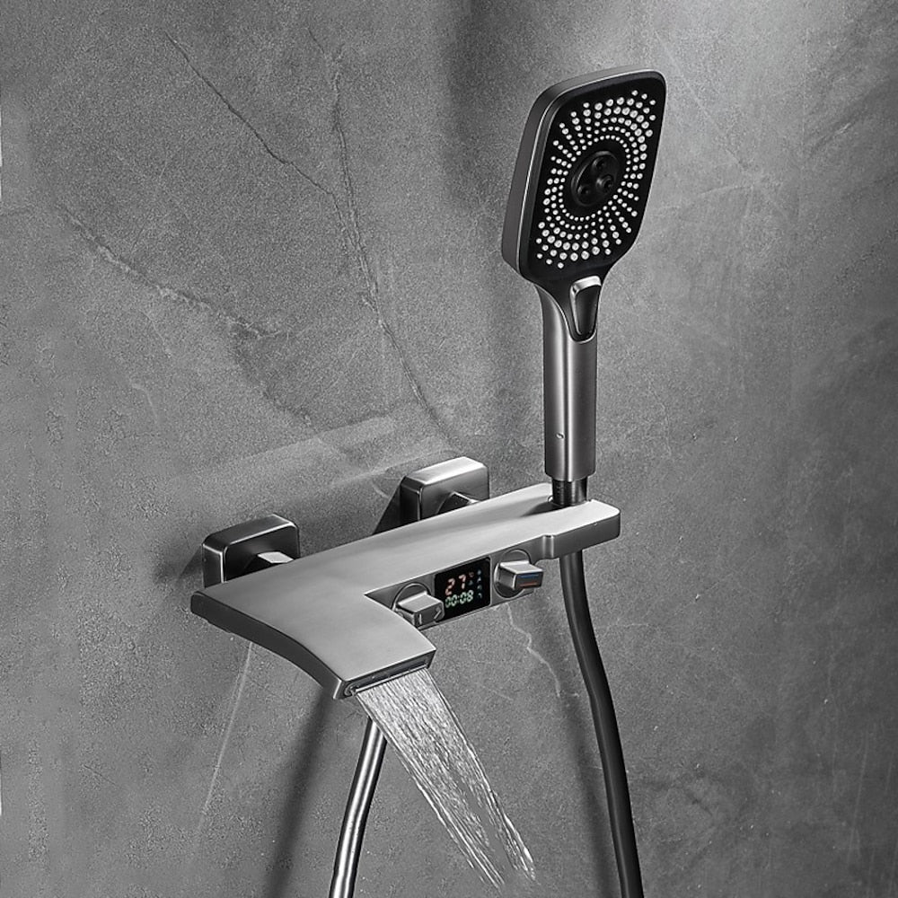 LED Waterfall Wall-Mount Tub Filler Faucet, Dual-Handle Bathroom Tub Faucet with Handheld Shower, Matte Black / Gunmetal / Matte White