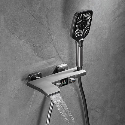 LED Waterfall Wall-Mount Tub Filler Faucet, Dual-Handle Bathroom Tub Faucet with Handheld Shower, Matte Black / Gunmetal / Matte White